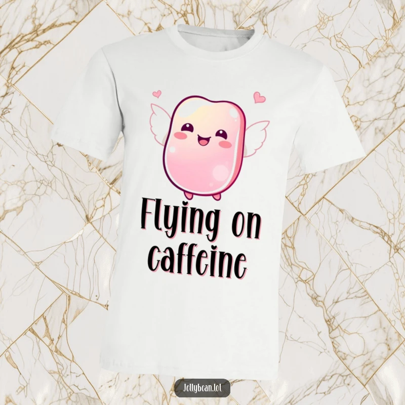 Funny T-shirt showing a jubilant jelly bean with tiny wings, fluttering joyfully, embodying carefree happiness.