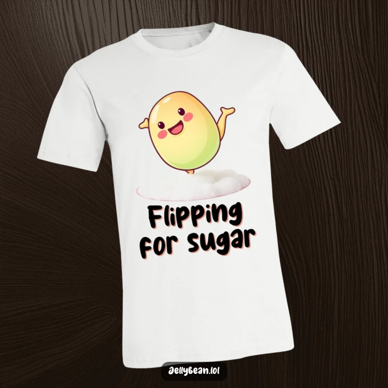 Funny T-shirt displaying a mischievous jelly bean doing a playful somersault on a sugary surface, full of gleeful motion.