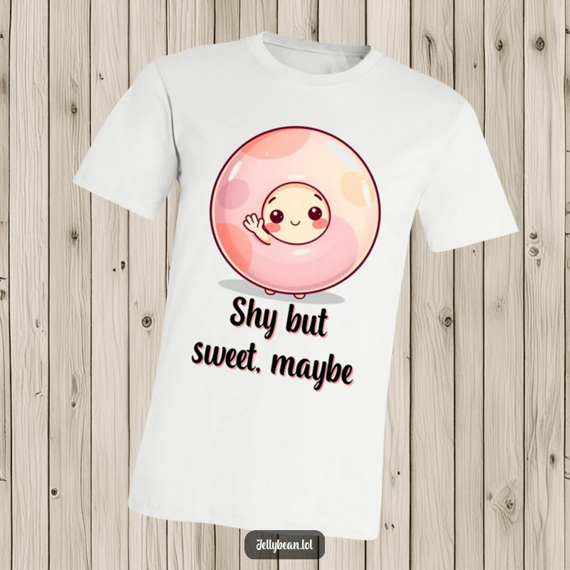 Funny t-shirt with a shy jelly bean character peeking out from behind a huge gumdrop, extending a small, endearing wave to the viewer.