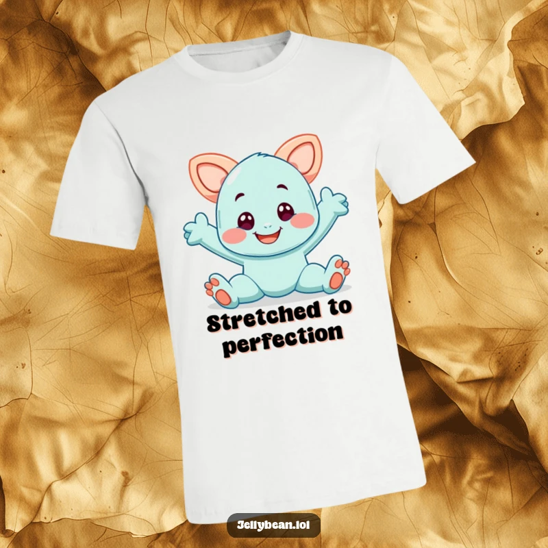 Funny t-shirt depicting a smiling taffy character in a playful stretch, showcasing flexibility and a good mood.