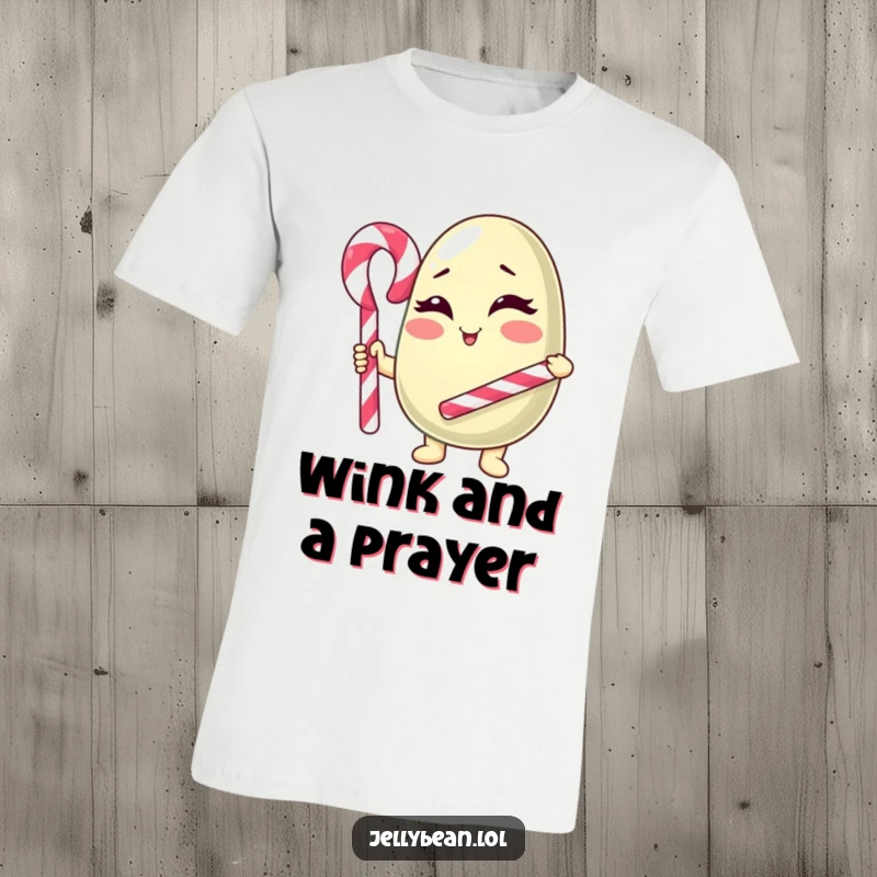 Funny T-Shirt: An anthropomorphic jelly bean character winks charmingly while holding a candy cane cane, showcasing a playful and sweet personality.
