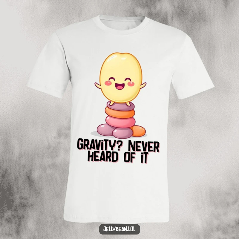 Funny t-shirt featuring a grinning jelly bean character balancing triumphantly on a precarious stack of various candies, a humorous visual.