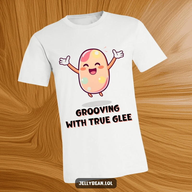 Funny T-Shirt with a jelly bean character in a dynamic, joyful dance pose with arms spread wide, exuding pure fun.