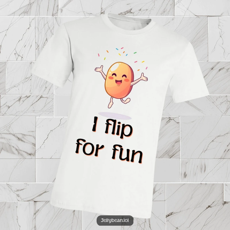 Funny t-shirt showcasing a gleeful jelly bean character performing an energetic cartwheel, surrounded by a shower of rainbow sprinkles.