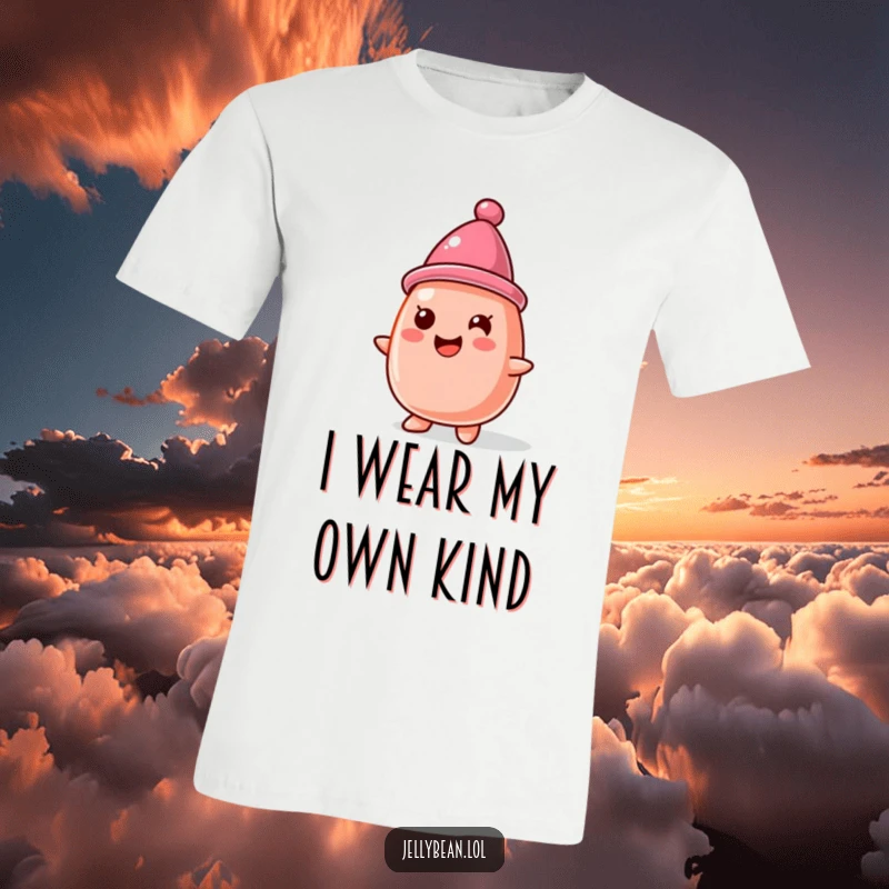 Funny T-Shirt: A delightful jelly bean character wears a miniature hat made from another jelly bean, looking charmingly pleased.