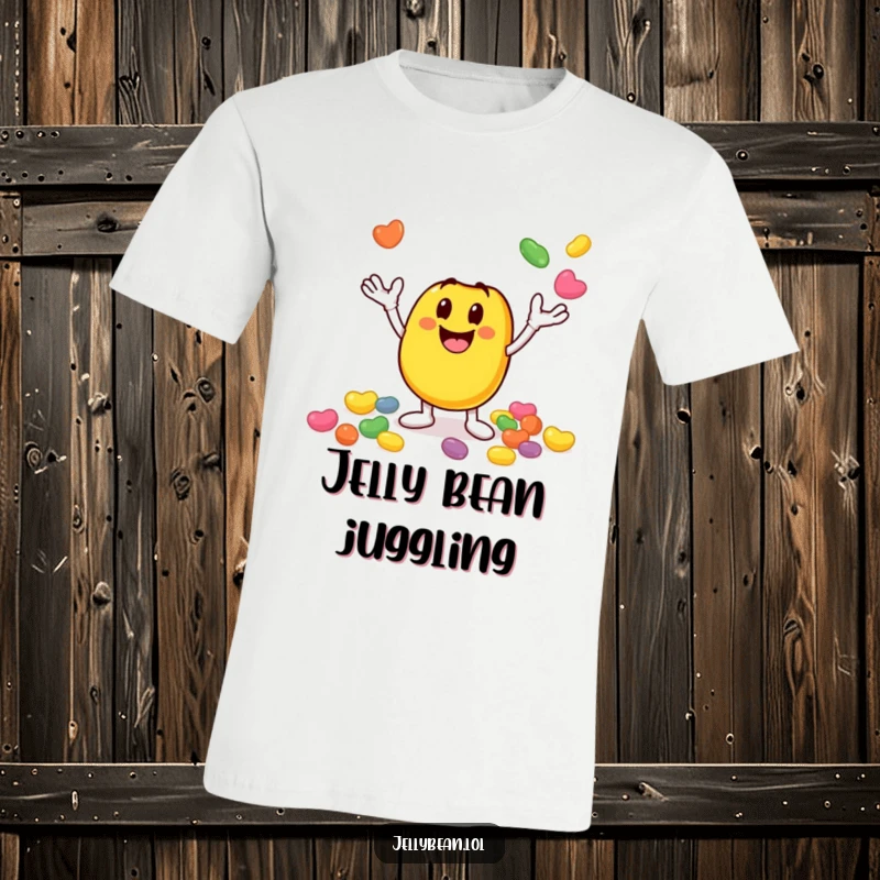 Funny t-shirt with a smiley jelly bean character excitedly juggling smaller jelly beans, capturing vibrant energy and playful humor. An excellent funny gift.