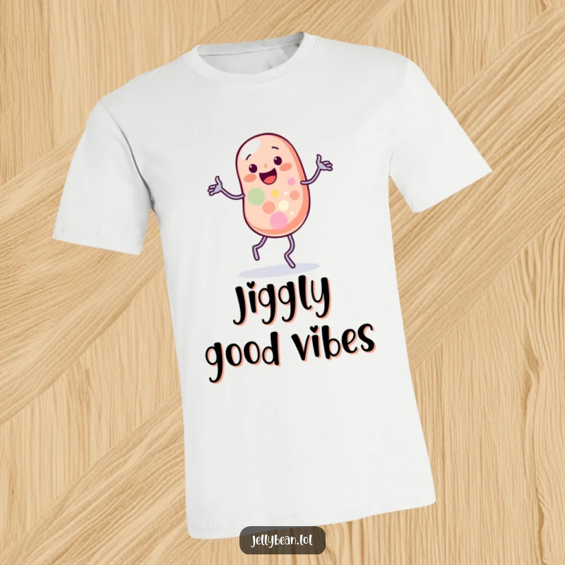 Funny t-shirt showing a jelly bean character performing a silly jig with comically wobbling legs, full of energy.