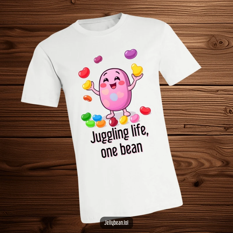 Funny t-shirt featuring a cheerful jelly bean character gleefully juggling multiple smaller, colorful jelly beans, highlighting skill and joy.