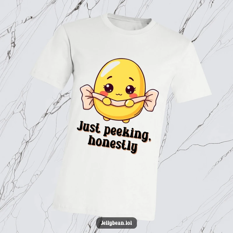 Funny yellow jelly bean t-shirt peeking curiously from a wrapper, an amusing funny gift choice.