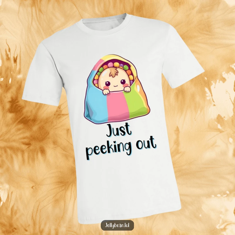 Funny T-Shirt: A shy jelly bean character peeks from a vibrant bag, showcasing a cute and bashful personality.