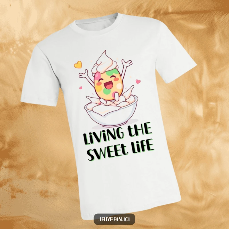 Funny t-shirt depicting a jelly bean character leaping with delighted abandon into a bowl filled with luscious whipped cream.