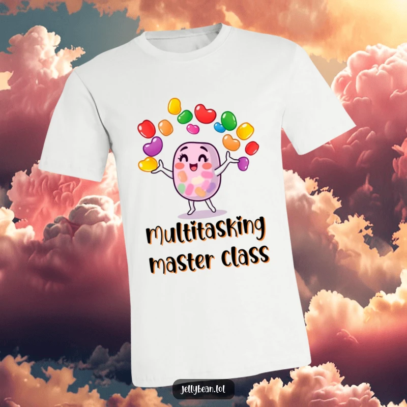 Funny jelly bean character skillfully juggling many colorful jelly beans, exuding a playful and fun vibe on this comfy t-shirt.