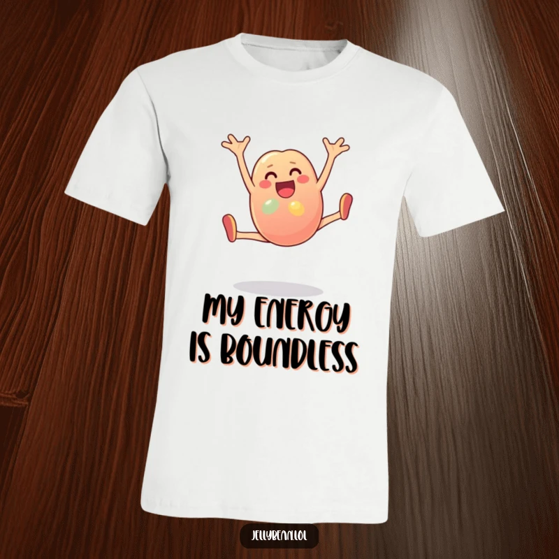 Funny T-Shirt: An anthropomorphic jelly bean character performs a cartwheel with great joy. Great for anyone who loves cute, funny, and energetic apparel.