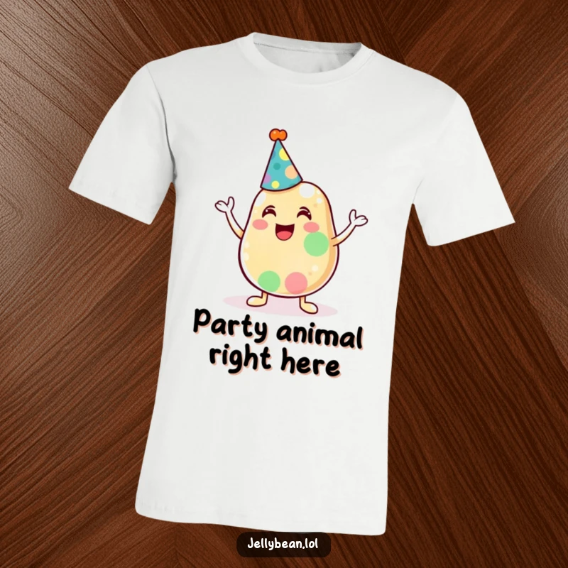 Funny t-shirt with a cheerful anthropomorphic jelly bean character sporting a tiny party hat, exuding pure celebratory joy.