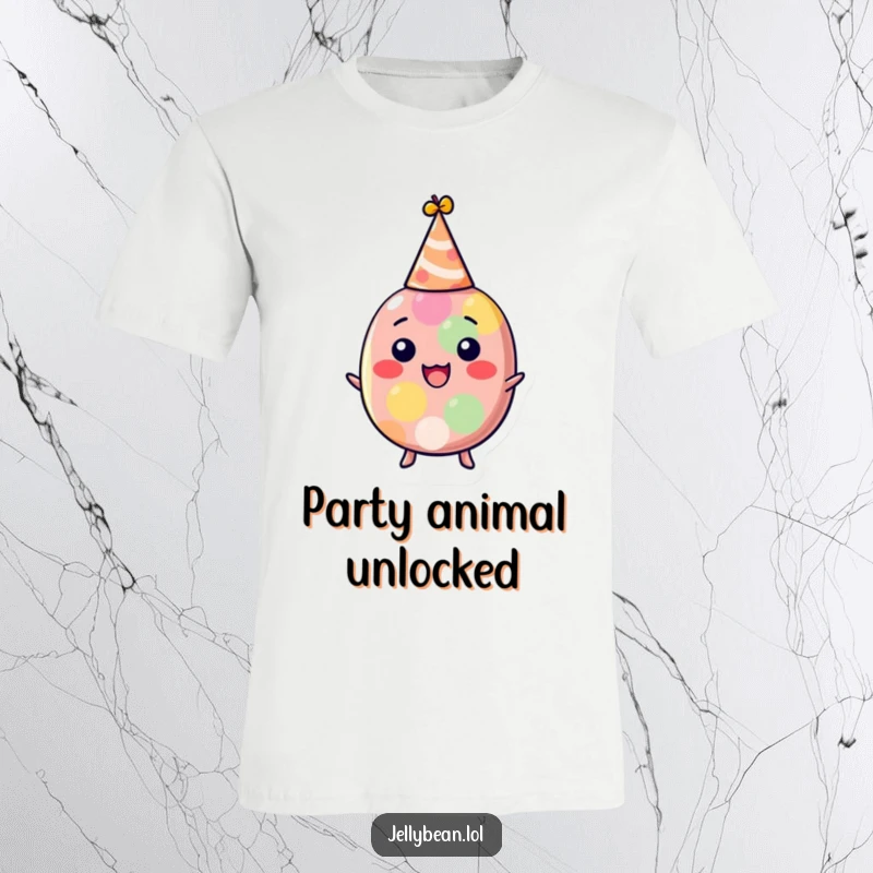 Funny jelly bean t-shirt featuring a delighted character wearing a party hat, exuding pure joy and celebration, a hilarious gift idea.