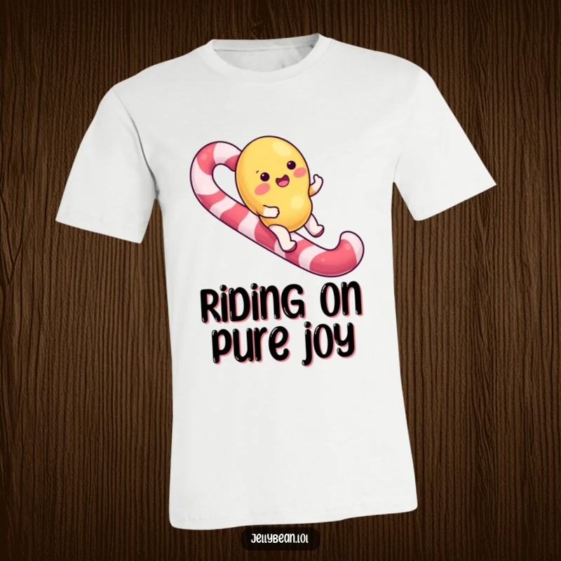 Funny T-Shirt with a jelly bean character gleefully riding a large candy cane, celebrating sweet times.