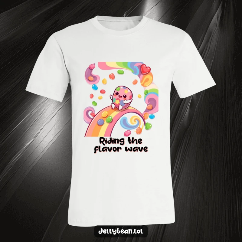 Funny T-Shirt featuring a giggling jelly bean character in mid-slide down a colorful rainbow composed of swirling flavors, radiating happiness.