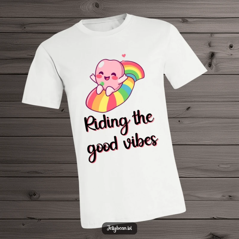 Funny jelly bean character joyfully sliding down a colorful rainbow, depicted on a t-shirt for a happy vibe.