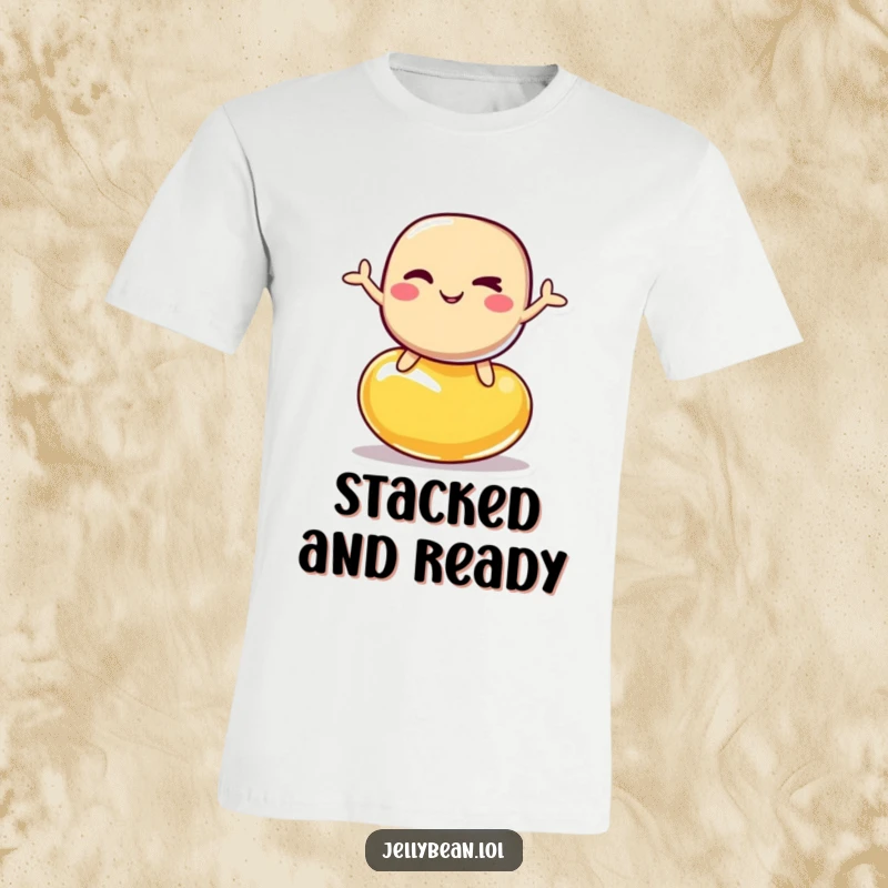 Funny t-shirt showcasing a jelly bean character winking and balancing on another jelly bean, a comical scene for casual wear.