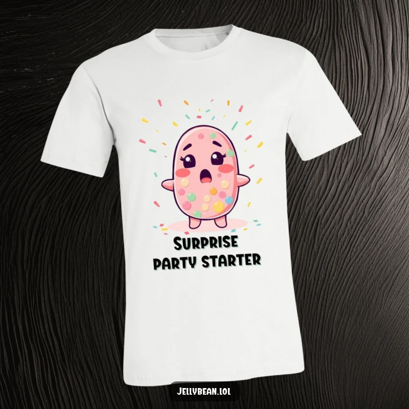 Funny t-shirt featuring a jelly bean character with a surprised expression as confetti falls, capturing a moment of joyful shock.