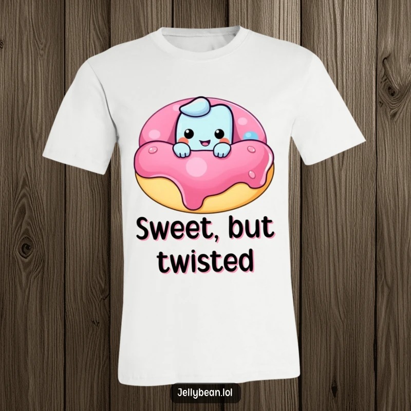 Funny t-shirt with a mischievous jelly bean character peeking with a grin over an enormous donut, perfect for casual, humorous wear.