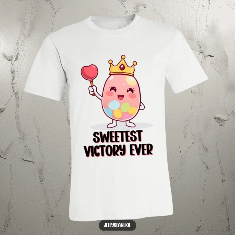 Funny T-Shirt depicting a crowned jelly bean character striking a triumphant pose next to an impressively large piece of candy.