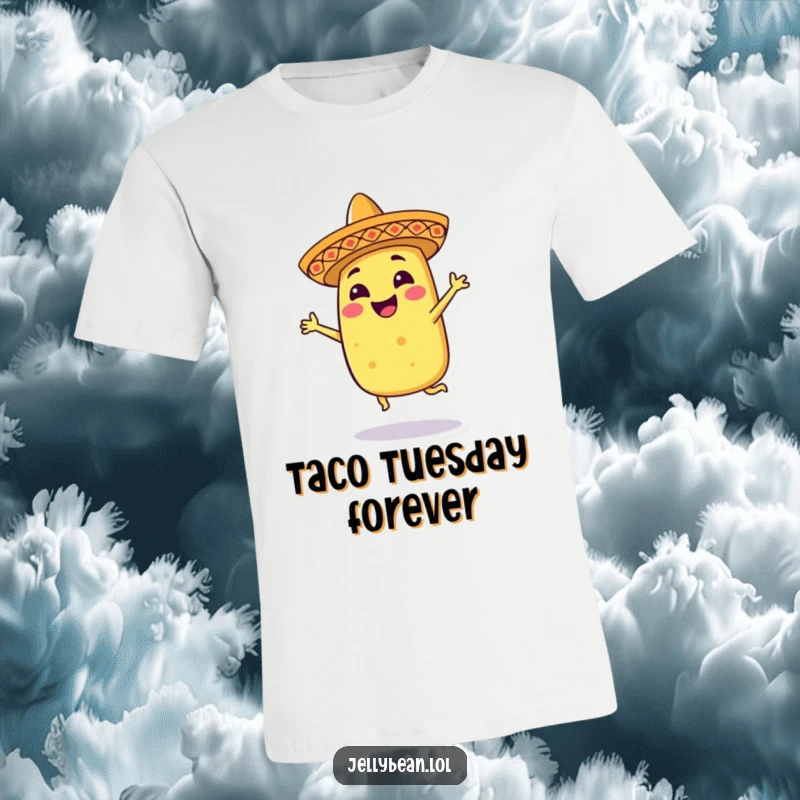 Funny t-shirt featuring a smiling taco character in a tiny sombrero, energetically busting a move with infectious zest and party vibes.