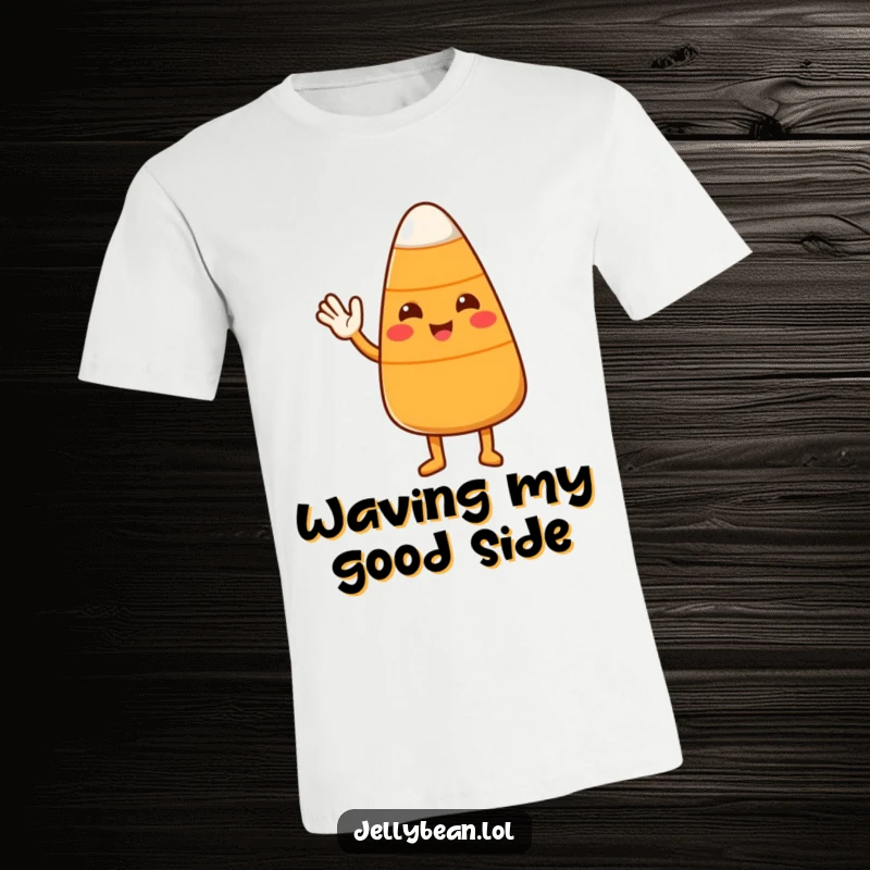 Funny Candy Corn T-Shirt with a charming character giving a warm, friendly wave, ideal for conveying sweet greetings.