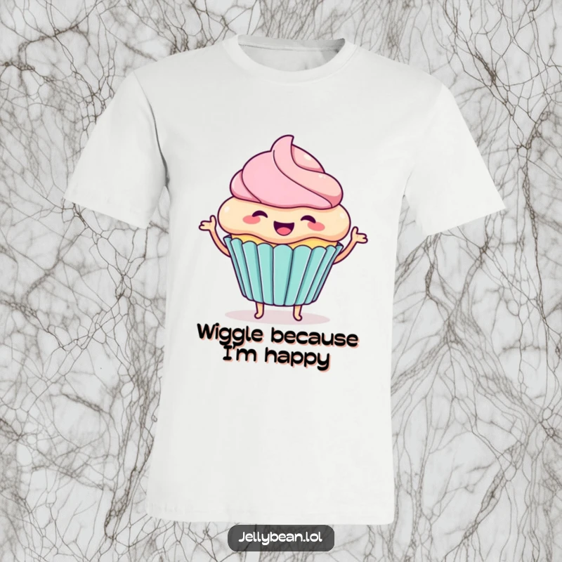 Funny t-shirt showcasing a happy cupcake character wiggling with excitement, radiating infectious joy and a playful, spirited vibe.