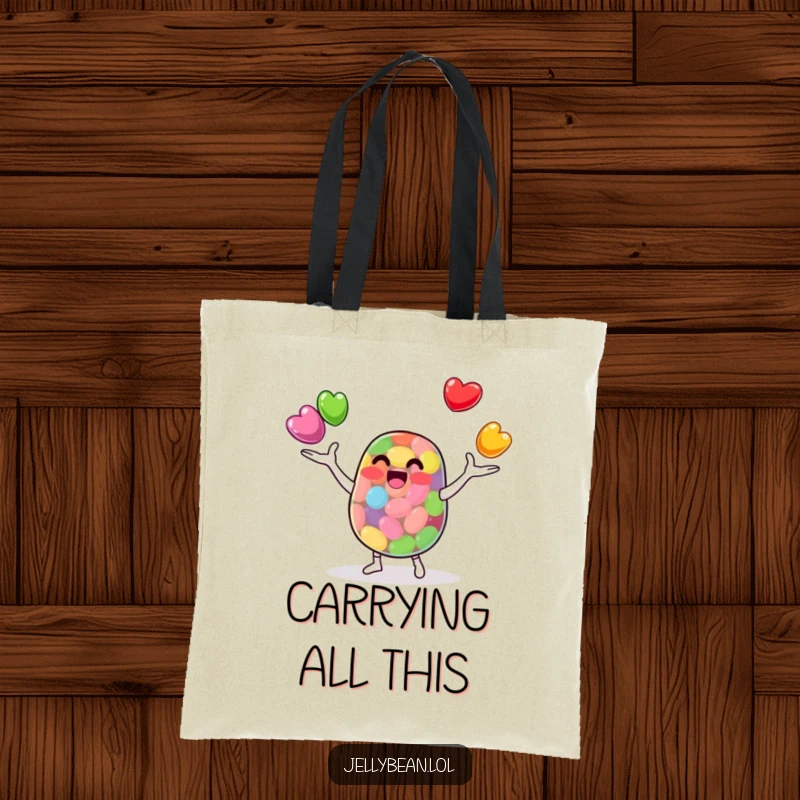Funny Tote Bag: An anthropomorphic jelly bean character juggles smaller jelly beans. Perfect for shoppers who love cute, funny, and skillful accessories.