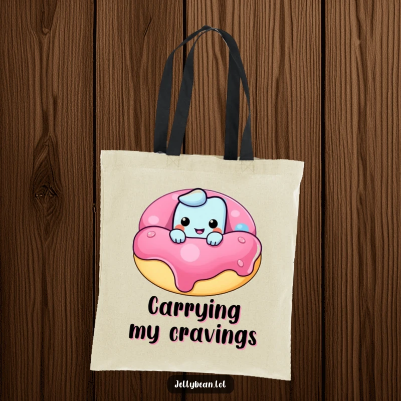 Funny tote bag illustrating a mischievous jelly bean character peeking over a giant donut, ready for a day of fun and errands.
