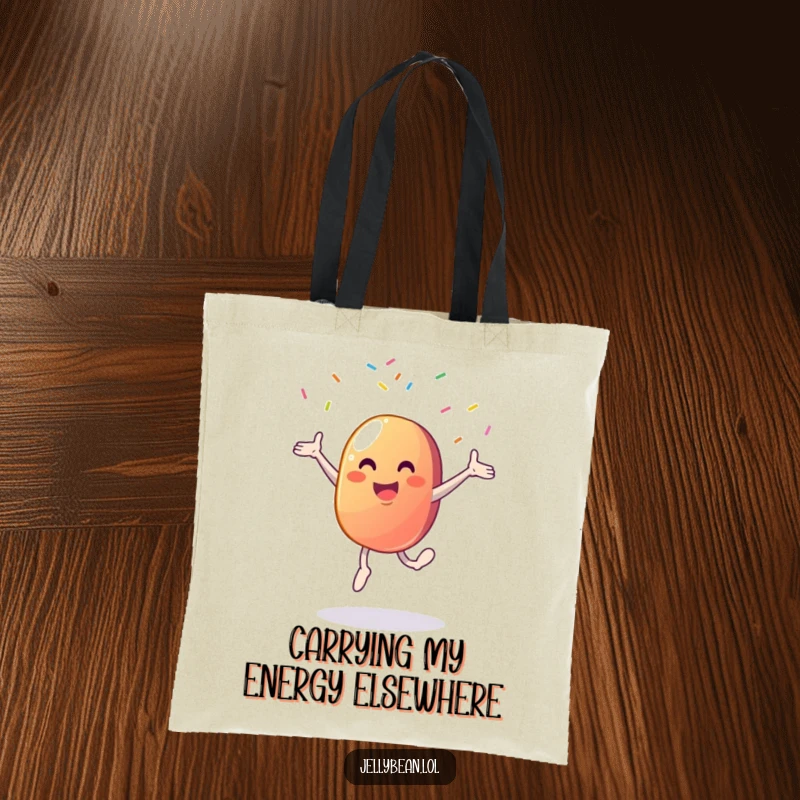 Funny tote bag depicting a smiling jelly bean character performing a cartwheel with a flurry of vibrant sprinkles bursting outwards.