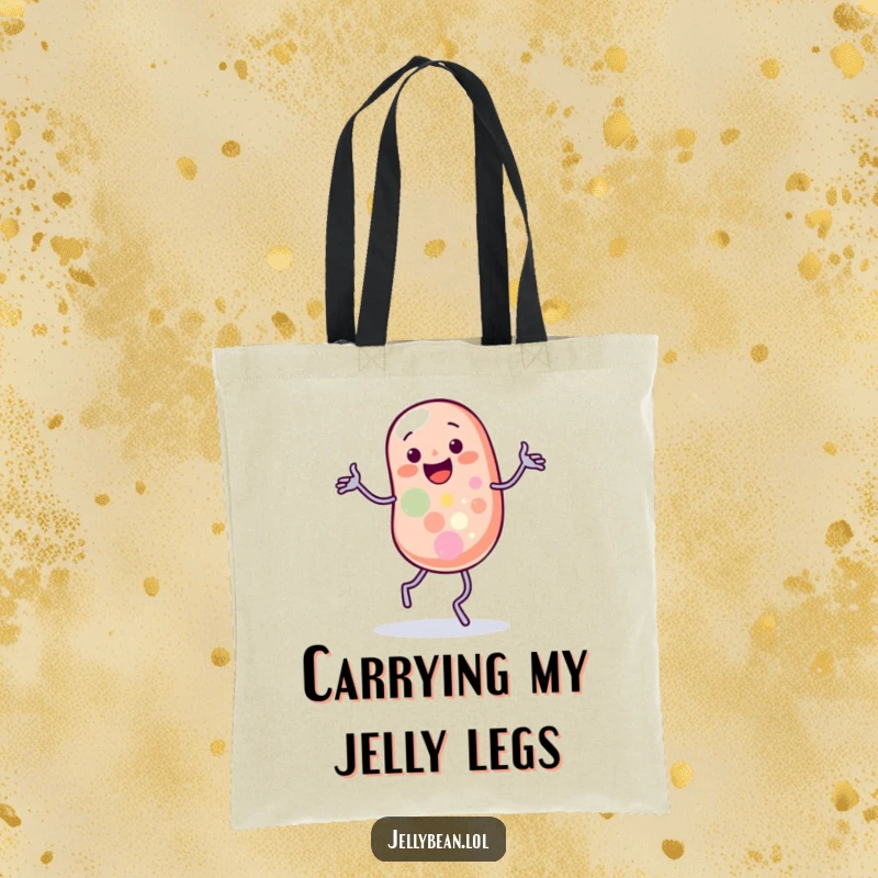 Funny tote bag showing a jelly bean character doing a silly jig with wobbling legs, perfect for dance lovers.
