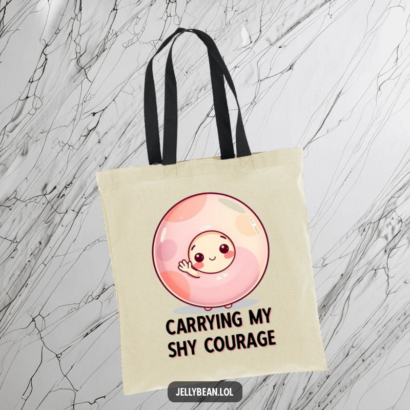 Funny tote bag showcasing a shy jelly bean character peeking from behind a giant gumdrop, offering a small, friendly wave in a sweet design.