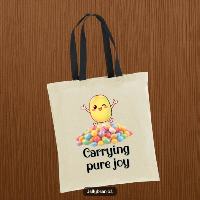 Funny tote bag showcasing an anthropomorphic jelly bean character making a dramatic leap into a delightful, overflowing pile of candy.