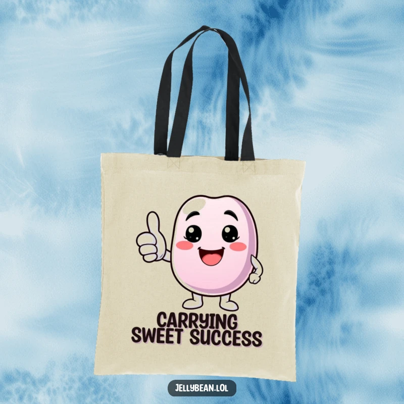 Funny tote bag with a jelly bean character giving a thumbs up and a bright smile, radiating happiness.