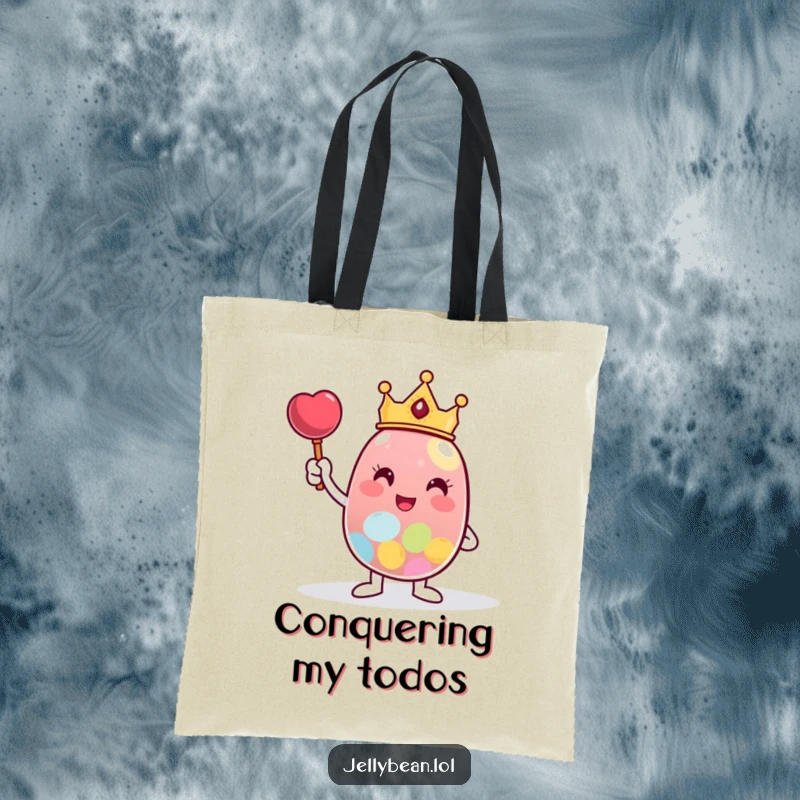 Funny Tote Bag showcasing a tiny-crowned jelly bean character posing victoriously next to a large candy, perfect for stylishly carrying goods.