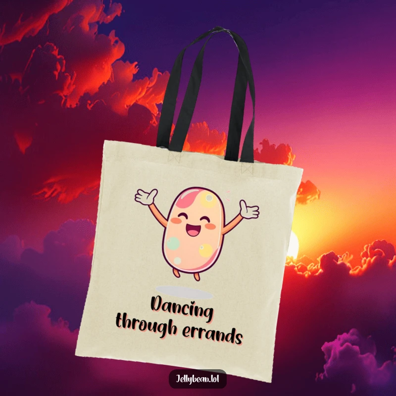 Funny Tote Bag with a jelly bean character in a joyful dance pose, perfect for carrying items with flair.