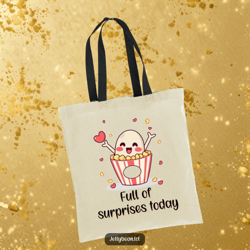 Funny tote bag featuring a jelly bean character popping out of a popcorn box, perfect for carrying essentials and snacks.