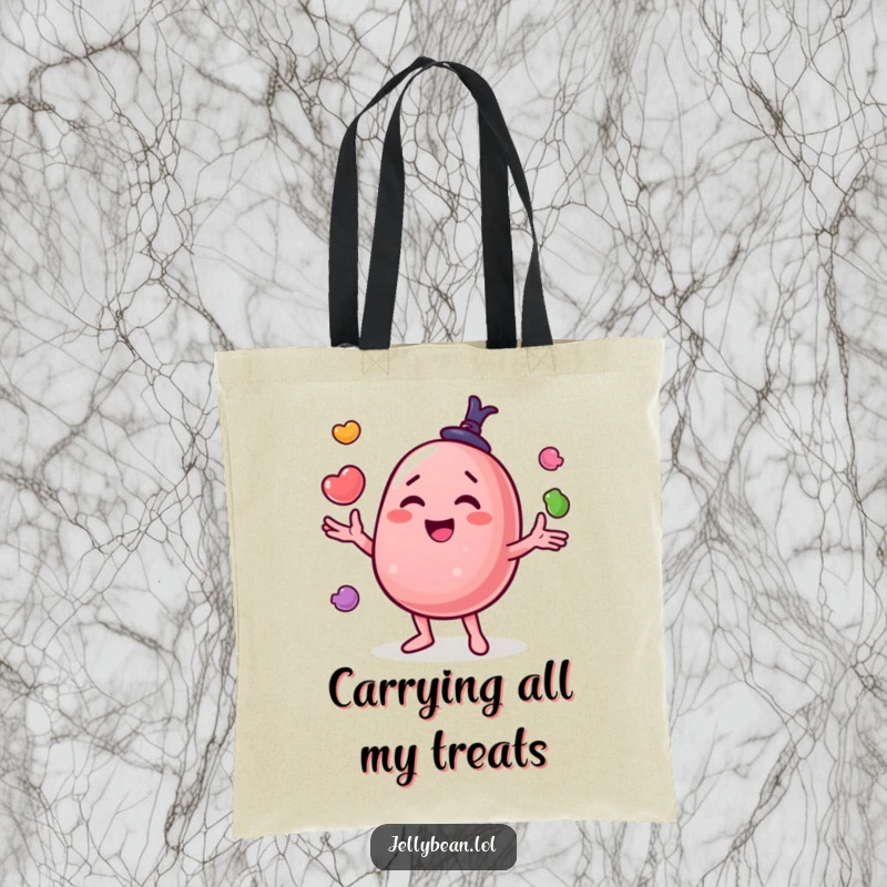 Funny tote bag with a happy jelly bean character juggling an assortment of small candies, great for carrying daily items.