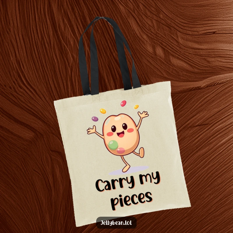Funny tote bag with a smiley jelly bean character doing a cartwheel with pieces flying off, perfect for carrying items with dynamic, funny flair. Great funny gift.