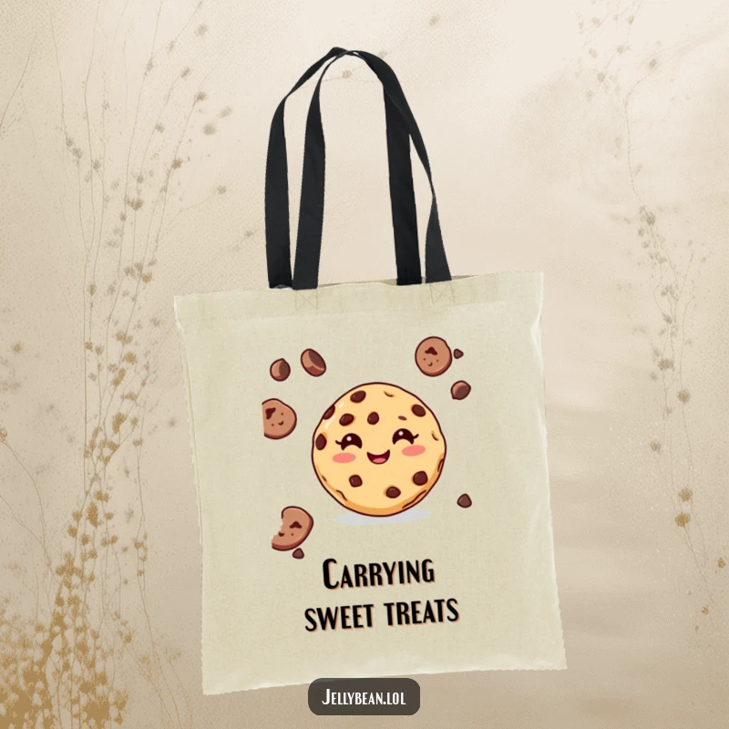 Funny tote bag displaying a delighted chocolate chip cookie with a wide grin, perfect for carrying groceries or daily items.