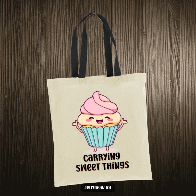 Funny tote bag featuring a happy cupcake character wiggling with excitement, perfect for carrying essentials with a side of sweet humor.