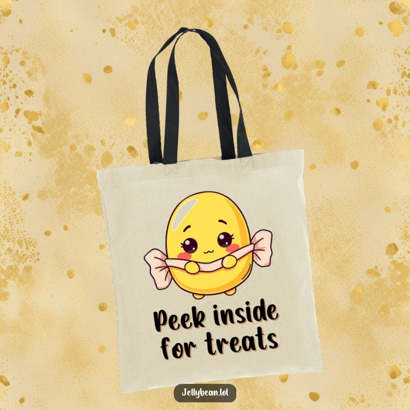 Funny curious yellow jelly bean tote bag peeking from a wrapper, a whimsical and funny gift accessory.