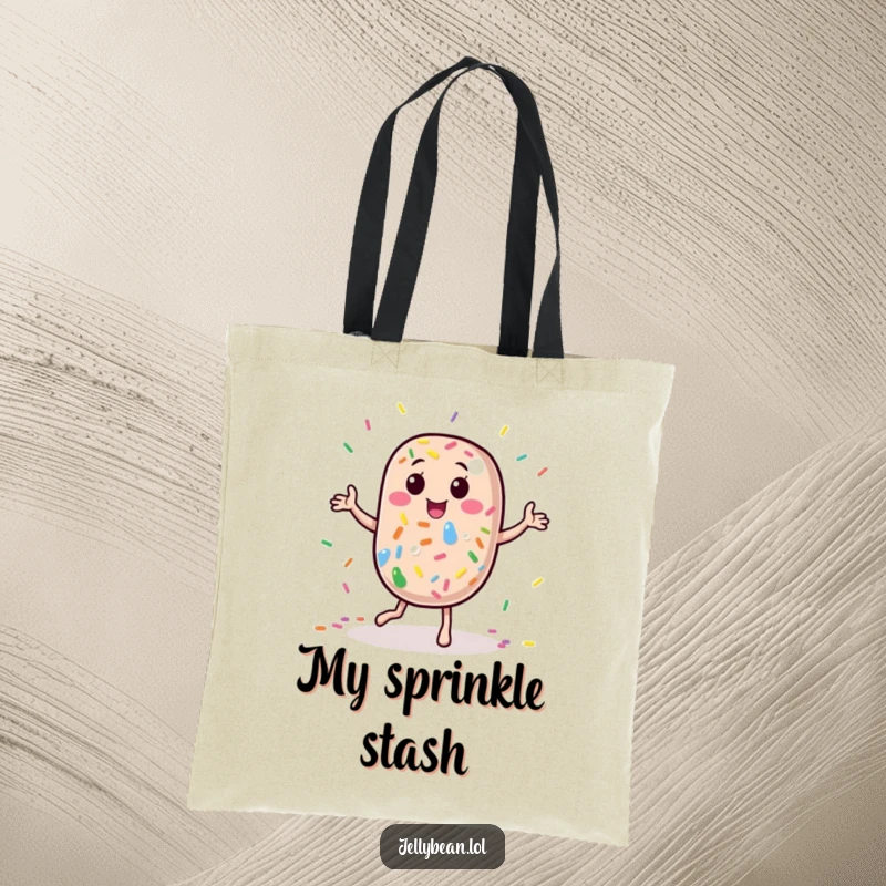 Funny Tote Bag: A jelly bean character dances joyfully, surrounded by rainbow sprinkles, perfect for carrying your items with vibrant, humorous flair.
