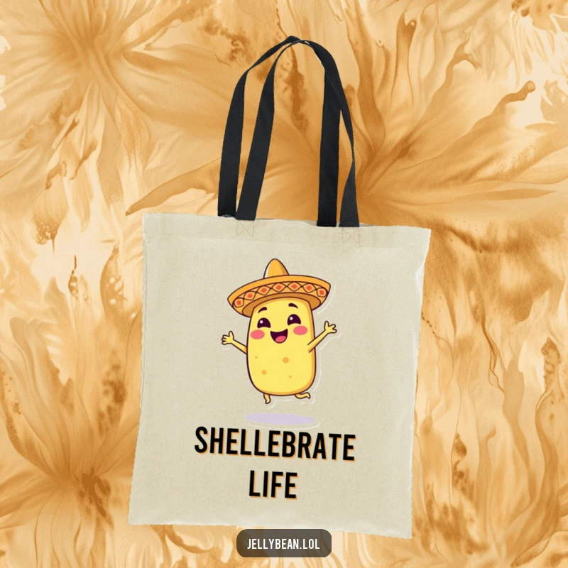 Funny tote bag featuring a smiling taco character in a tiny sombrero, dancing energetically, ready to carry your goods with fiesta flair.