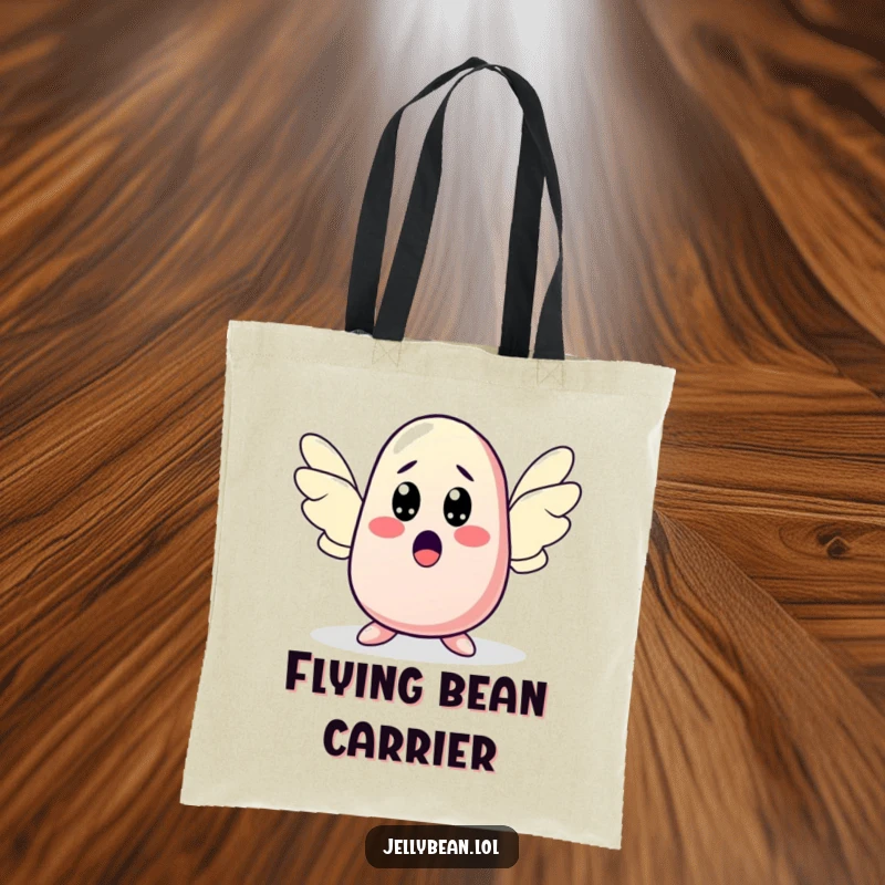 Funny tote bag with a jelly bean character looking surprised as it sprouts wings, perfect for carrying items with unexpected, funny flair. Great funny gift.