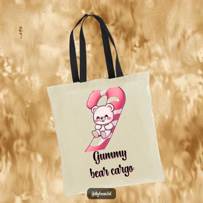 Funny giggling gummy bear character sliding down a giant candy cane on a durable, stylish tote bag.