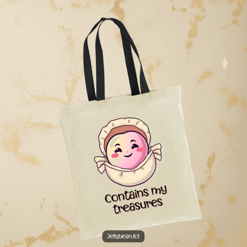Funny Tote Bag displaying a happy jelly bean with a mischievous grin, peeking from inside a tiny candy wrapper.