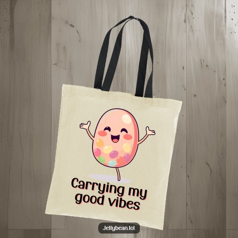 Funny Jelly Bean Tote Bag with a lively character doing a happy dance, perfect for carrying smiles and groceries.